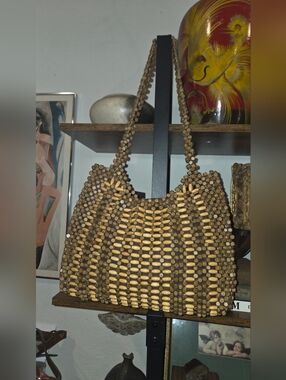 Vintage Handcrafted Beaded Brown Tote Bag